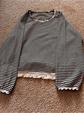 Striped Black and White Fringe Hem Sweater Top